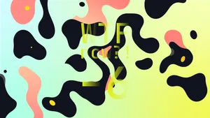 A colourful graphic with numerous dark and pink blobs on a gradient background in blues and greens.