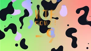 A colourful graphic with numerous dark and purple blobs on a gradient background in greens and pinks.