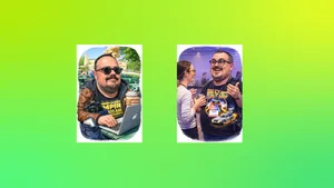 Two caricatures of Elliott Bledsoe generated by ChatGPT on a gradient background in greens.