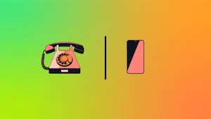 A pink rotary phone and a pink smartphone on a gradient background in greens and oranges.
