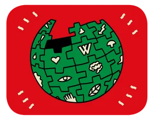 A hand drawn illustration of the Wikipedia logo shown in dark green with icons shown in a light tan colour. It is placed on a bright red background with four sets.