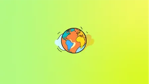 A stylised glob showing the Americas, Africa and Europe in blues and yellows with an orange ocean on a green gradient background.