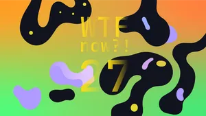 A colourful graphic with numerous black and purple blobs on a gradient background in oranges and greens.