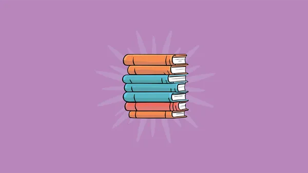 A pile of different sized books stacked on top of each other. The books have orange, blue and hot red covers. They are on a p