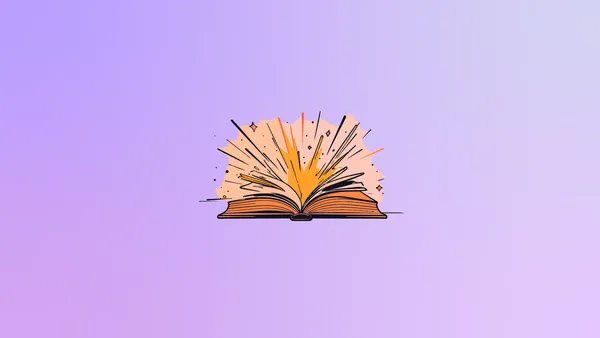 An orange book exploding on a gradient background in purples.