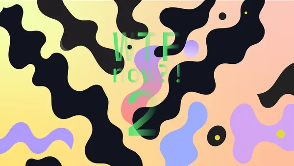 A colourful graphic with numerous dark and purple blobs on a gradient background in yellows and oranges.