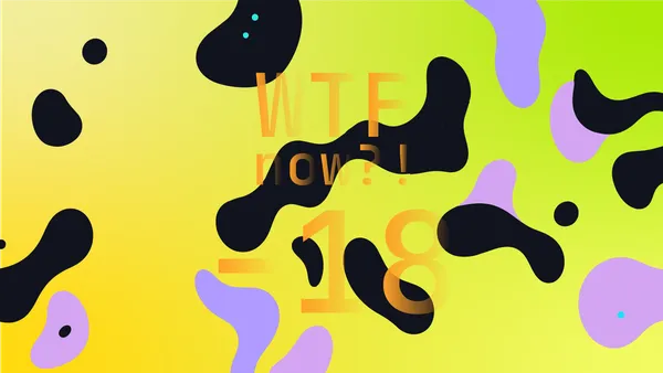 A colourful graphic with numerous dark and purple blobs on a gradient background in yellows and greens.