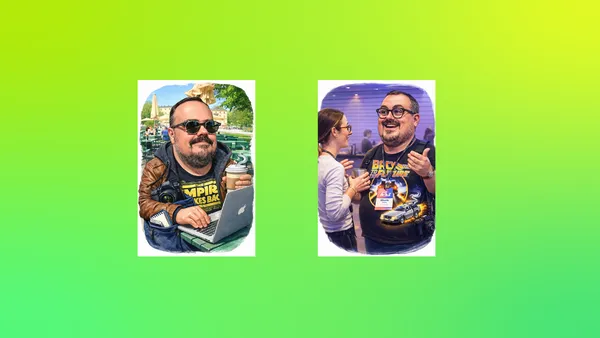 Two caricatures of Elliott Bledsoe generated by ChatGPT on a gradient background in greens.