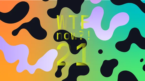 A colourful graphic with numerous dark and purple blobs on a gradient background in oranges and g.