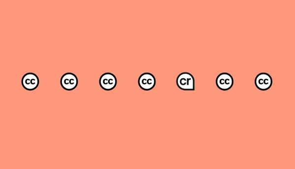 Seven icons that look very similar. Four are the Creative Commons brand icon followed by the Content Credentials pin and then two more of the Creative Commons brand icon.