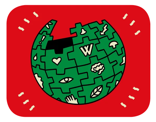 A hand drawn illustration of the Wikipedia logo shown in dark green with icons shown in a light tan colour. It is placed on a bright red background with four sets.