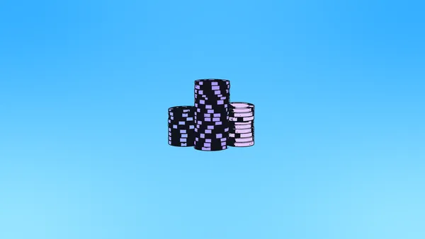 Piles of purple poker chips on a blue gradient background.