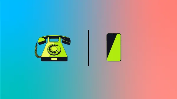 A green rotary phone and a green smartphone on a gradient background in blues and pinks.