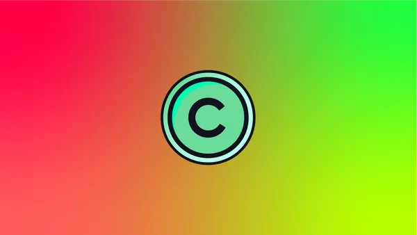 An aqua copyright symbol on a gradient background in reds and greens.